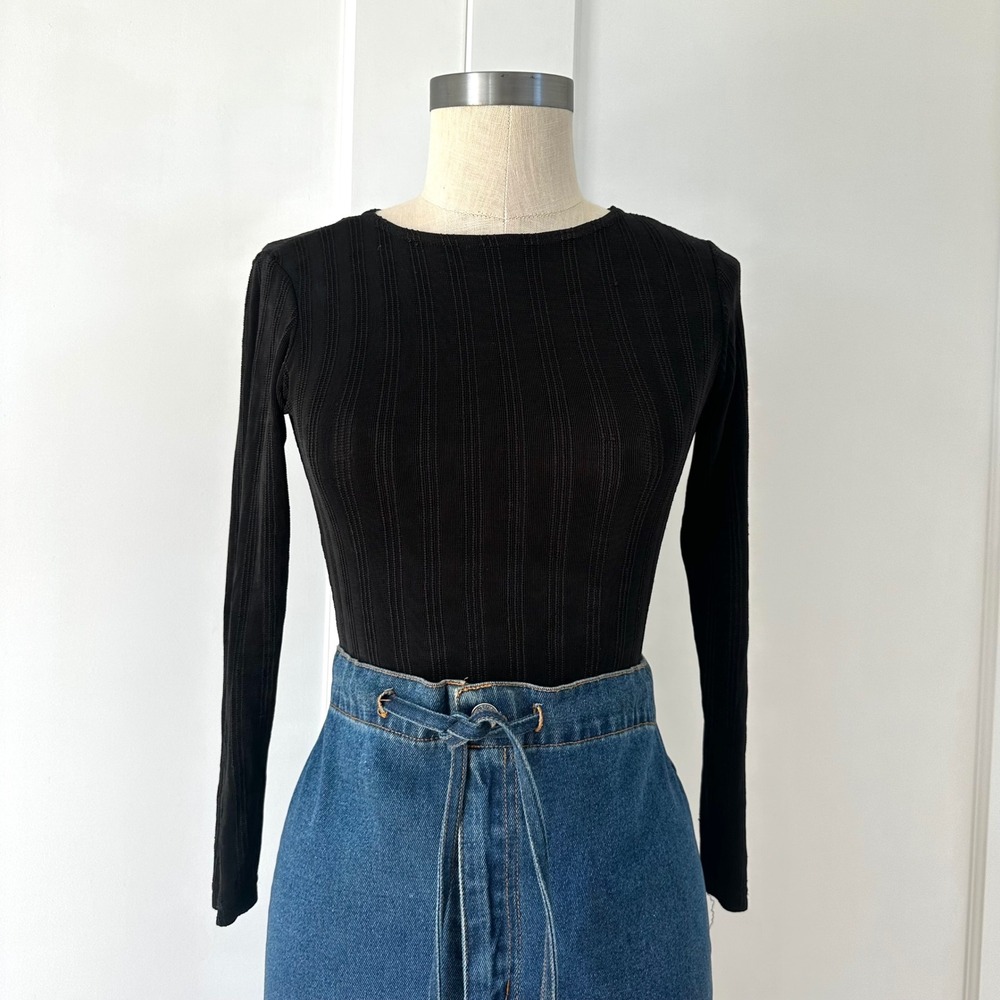Vintage 90s Cristina Black Ribbed Bodysuit XS Long Sleeve Minimalist USA